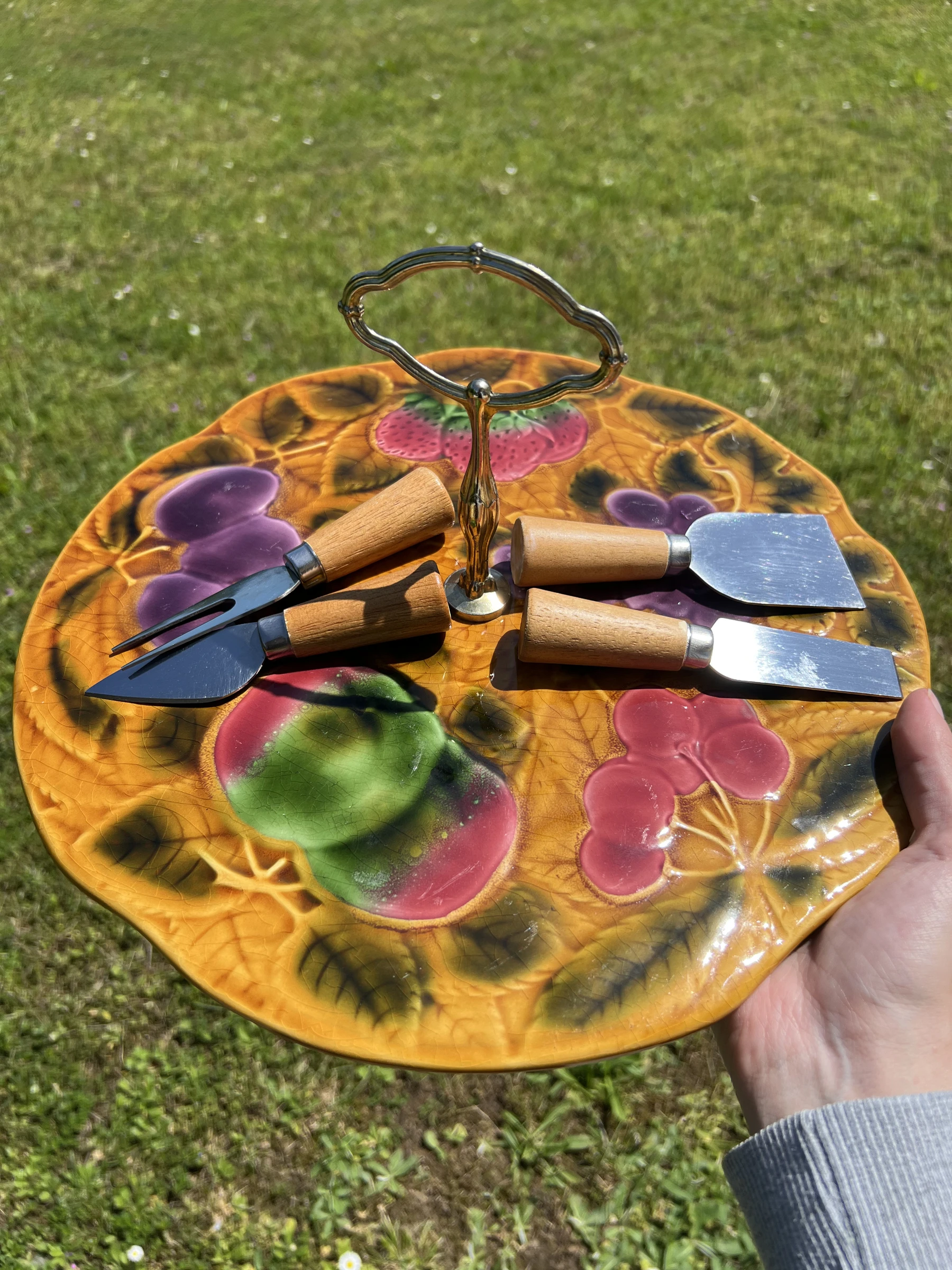 🧀 Plateau à fromage Sarreguemines France n°6172 avec 4 couteaux – Vintage